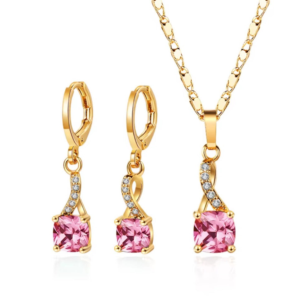 Ladies Luxury 18K Gold Laminated Fine Jewelry Set – Trendy CZ Cubic Zirconia Earrings & Necklace for Elegant Party Wear & Gifts