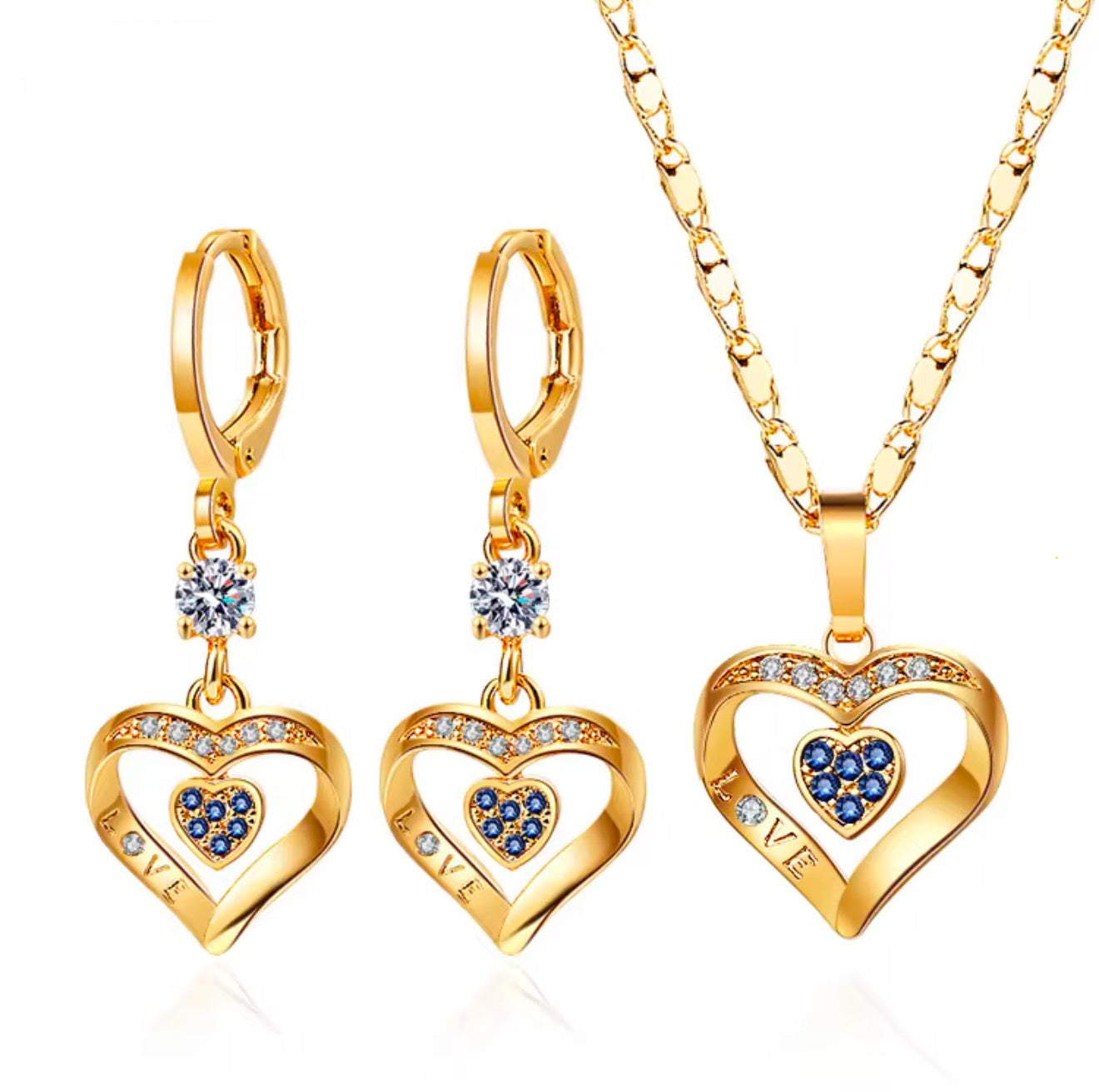 Ladies Luxury 18K Gold Plated Fine Jewelry Set - Heart Zircon Stone Earrings and Necklace Set - Anniversary Birthday Weddings Engagements Love Gift
