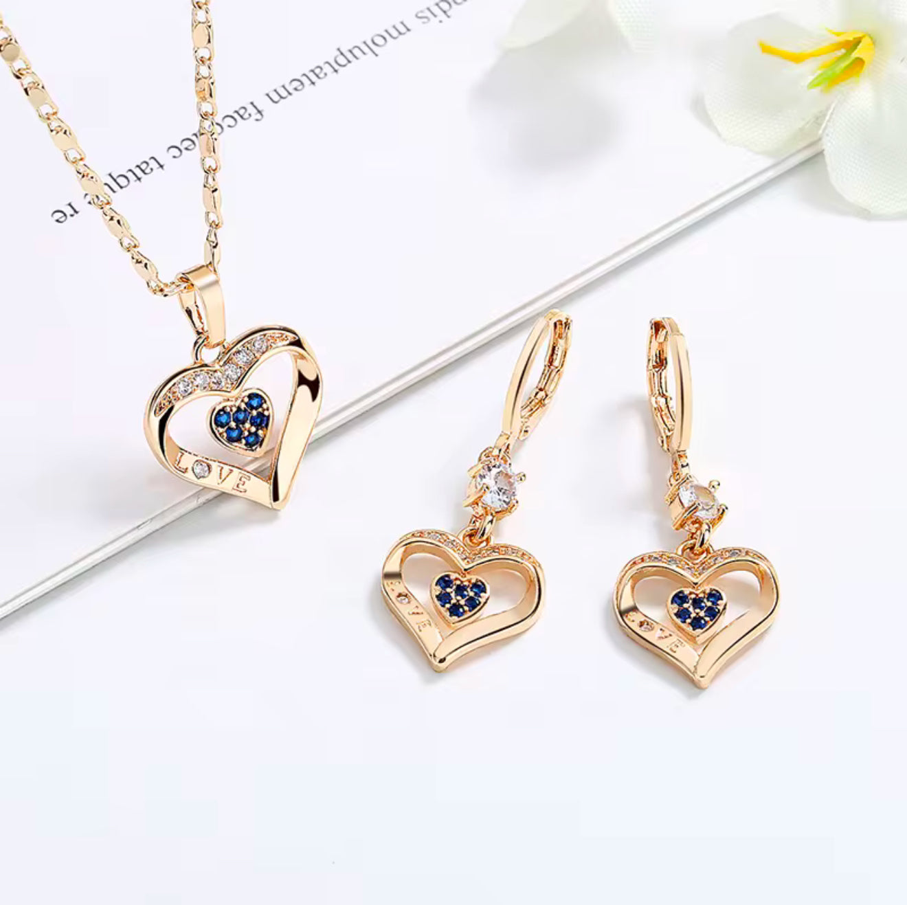Ladies Luxury 18K Gold Plated Fine Jewelry Set - Heart Zircon Stone Earrings and Necklace Set - Anniversary Birthday Weddings Engagements Love Gift