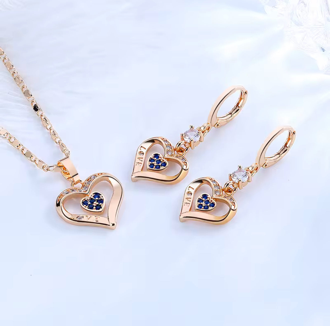 Ladies Luxury 18K Gold Plated Fine Jewelry Set - Heart Zircon Stone Earrings and Necklace Set - Anniversary Birthday Weddings Engagements Love Gift