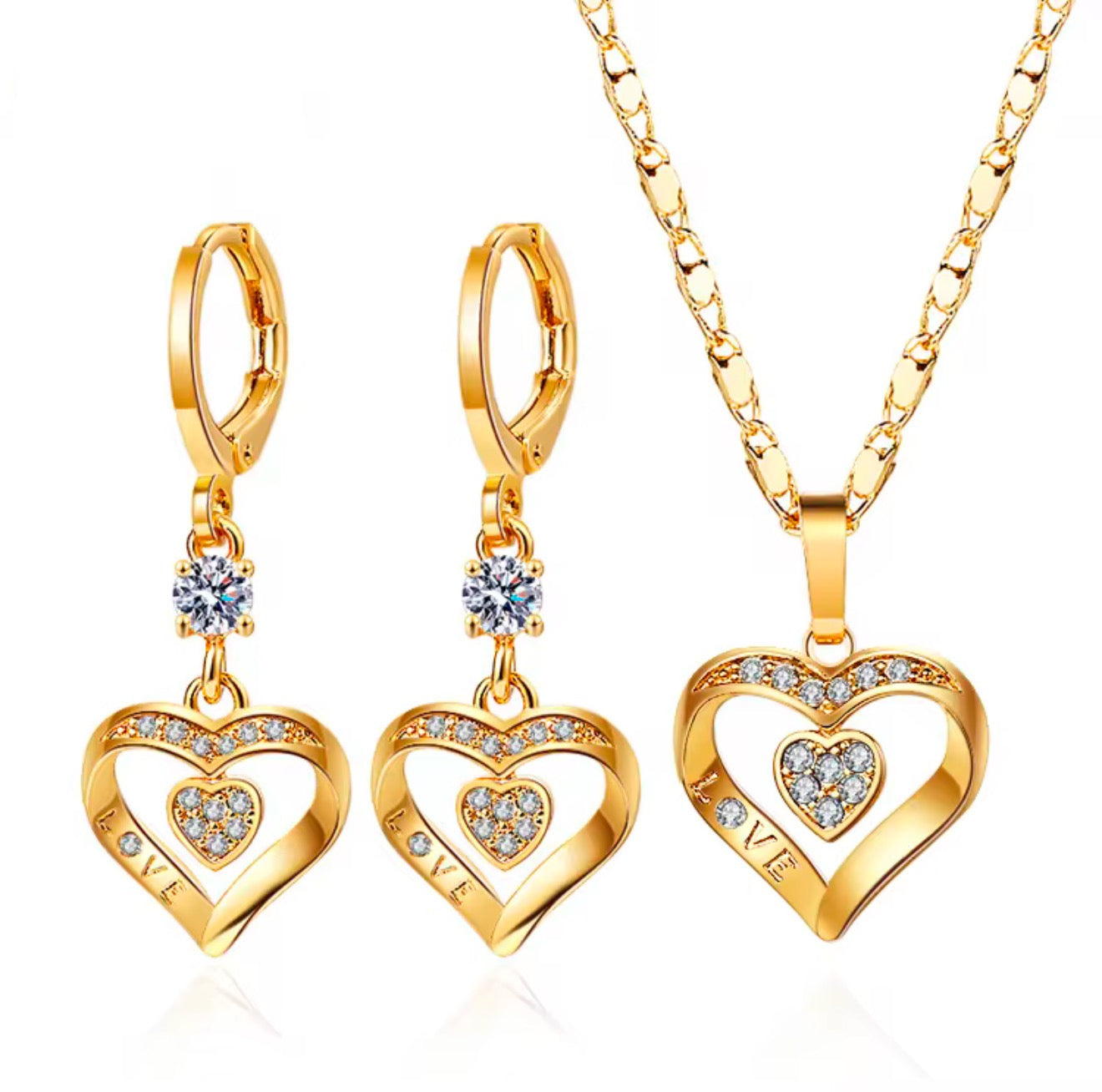 Ladies Luxury 18K Gold Plated Fine Jewelry Set - Heart Zircon Stone Earrings and Necklace Set - Anniversary Birthday Weddings Engagements Love Gift