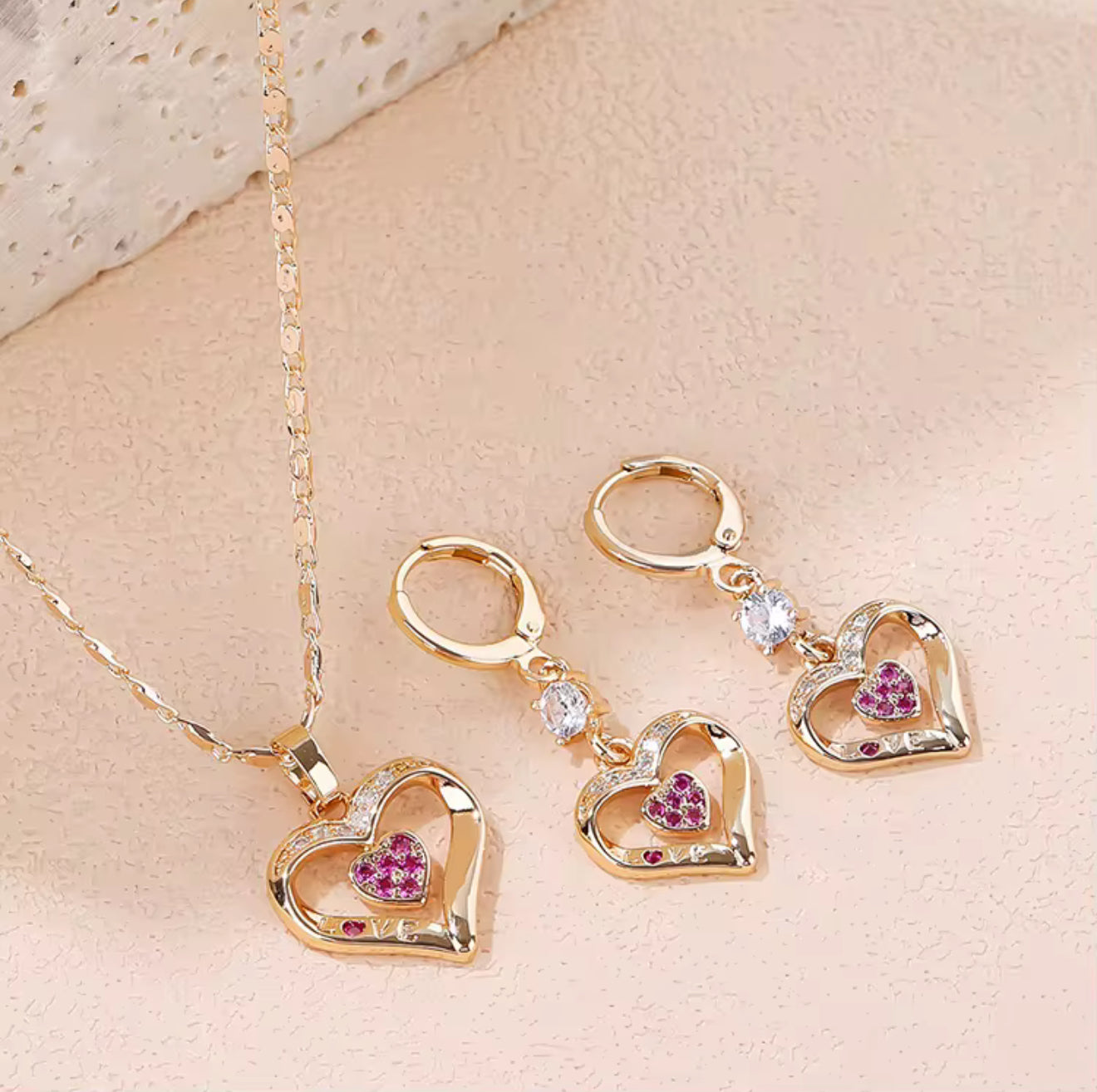 Ladies Luxury 18K Gold Plated Fine Jewelry Set - Heart Zircon Stone Earrings and Necklace Set - Anniversary Birthday Weddings Engagements Love Gift