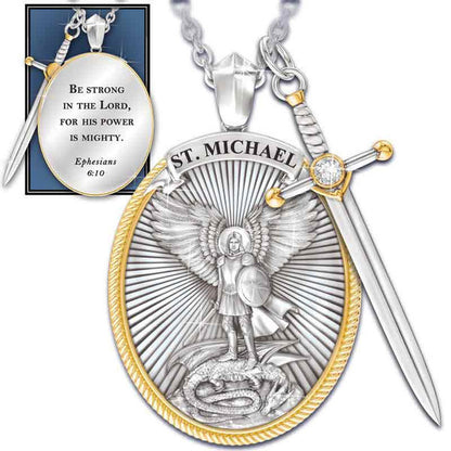 St. Michael Protection Shield Necklace – Guardian Angel Faith Pendant with Sword Design