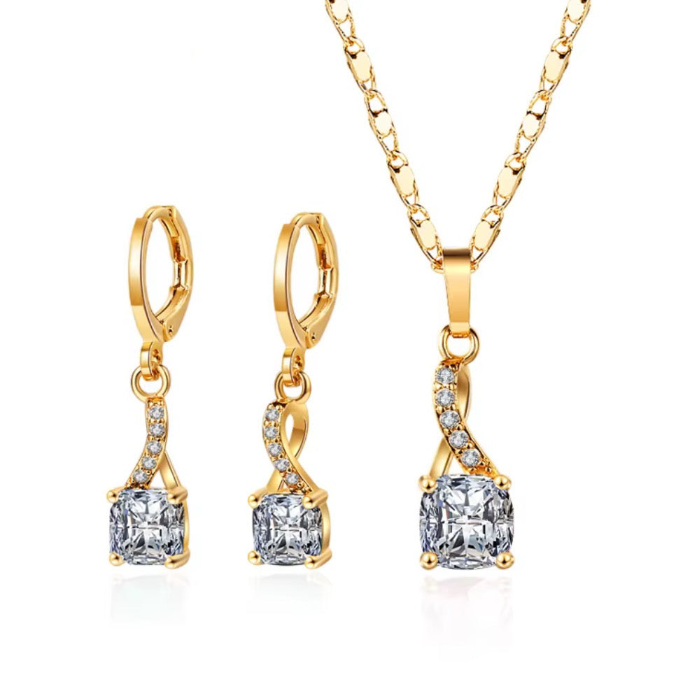 Ladies Luxury 18K Gold Laminated Fine Jewelry Set – Trendy CZ Cubic Zirconia Earrings & Necklace for Elegant Party Wear & Gifts