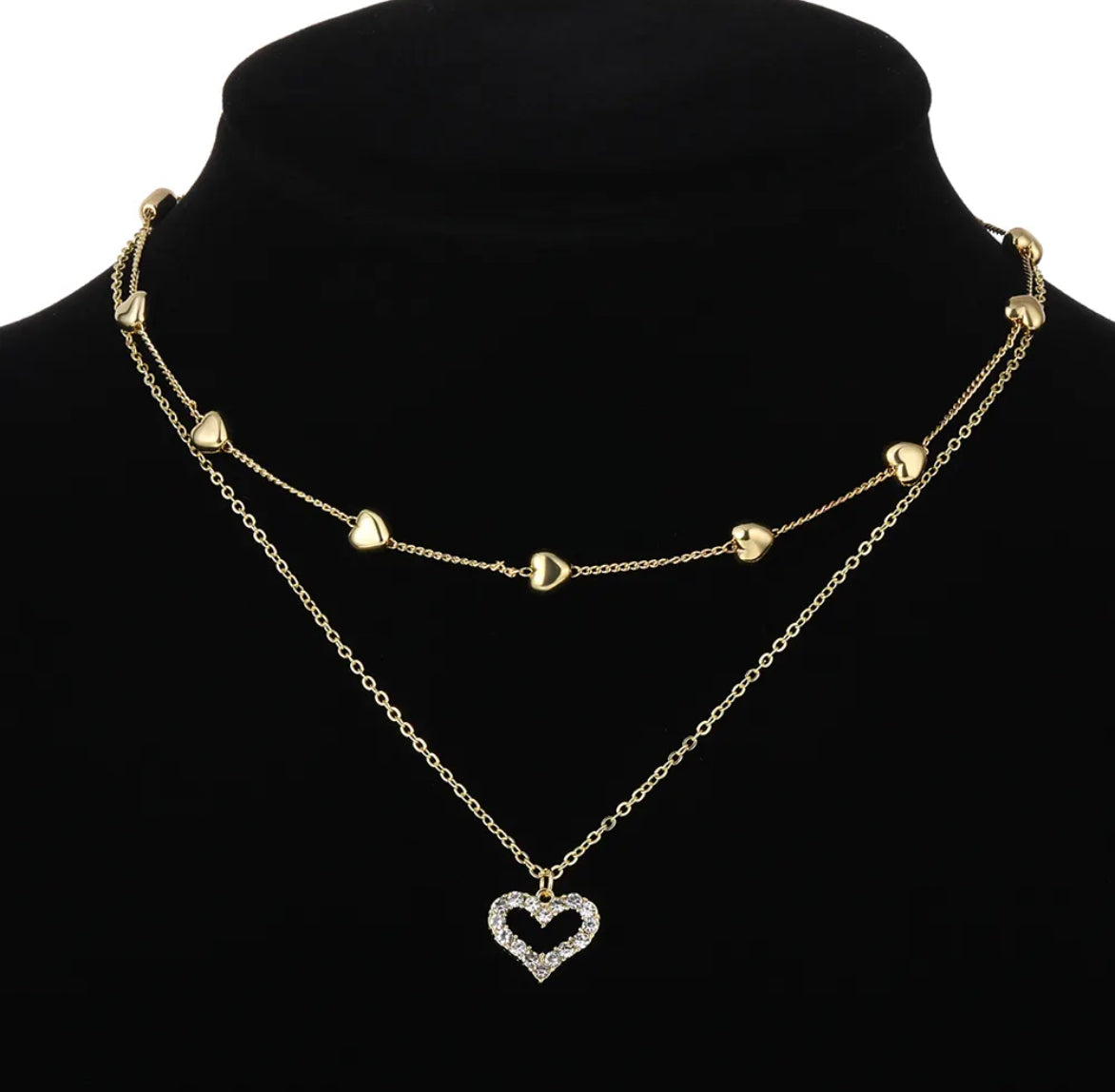 Double Layered Heart Pendant Rhinestone Diamond Zircon Necklace For Women - Elegant Everyday Jewelry