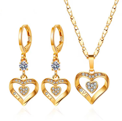 Ladies Luxury 18K Gold Plated Fine Jewelry Set - Heart Zircon Stone Earrings and Necklace Set - Anniversary Birthday Weddings Engagements Love Gift