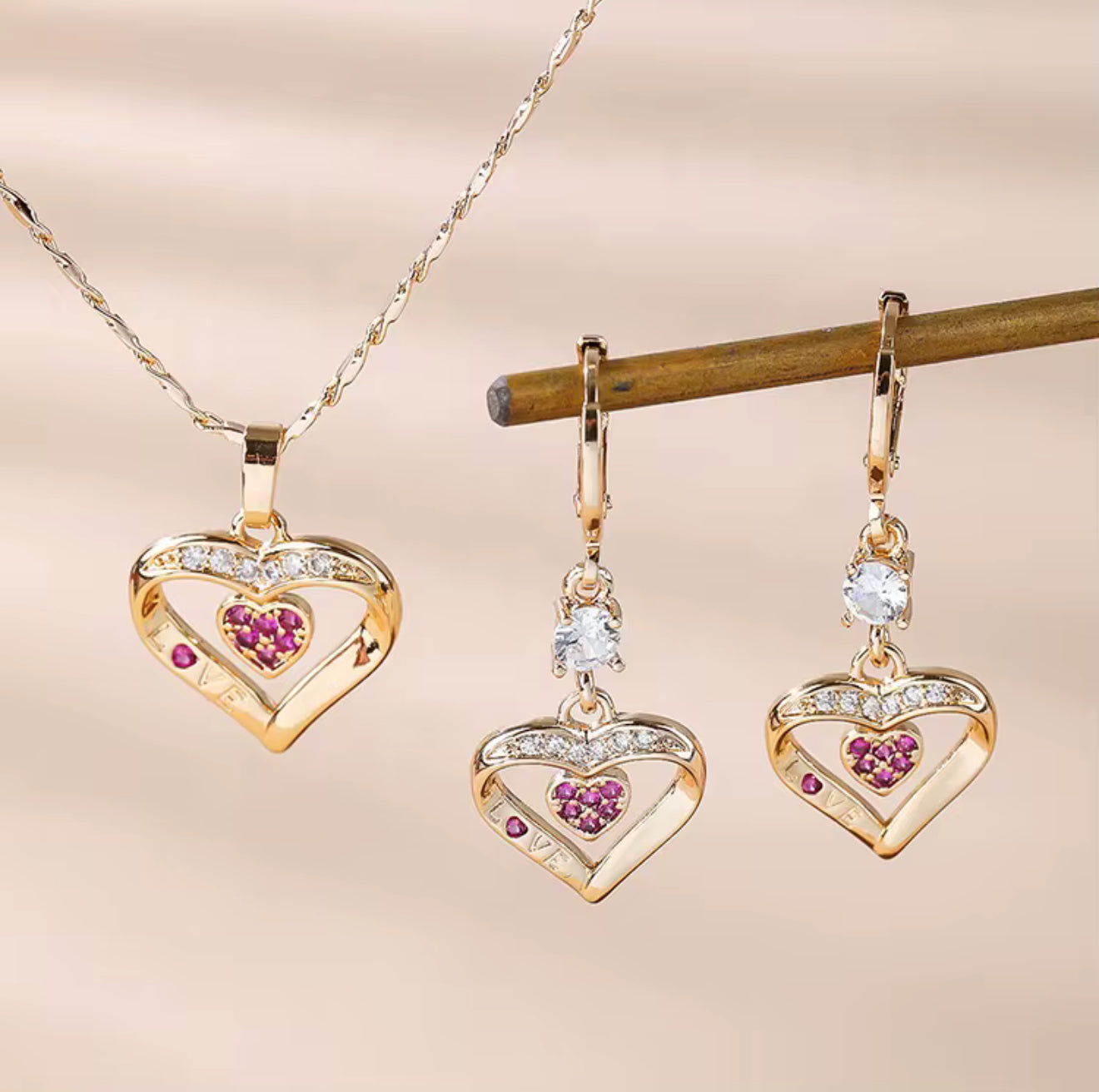 Ladies Luxury 18K Gold Plated Fine Jewelry Set - Heart Zircon Stone Earrings and Necklace Set - Anniversary Birthday Weddings Engagements Love Gift